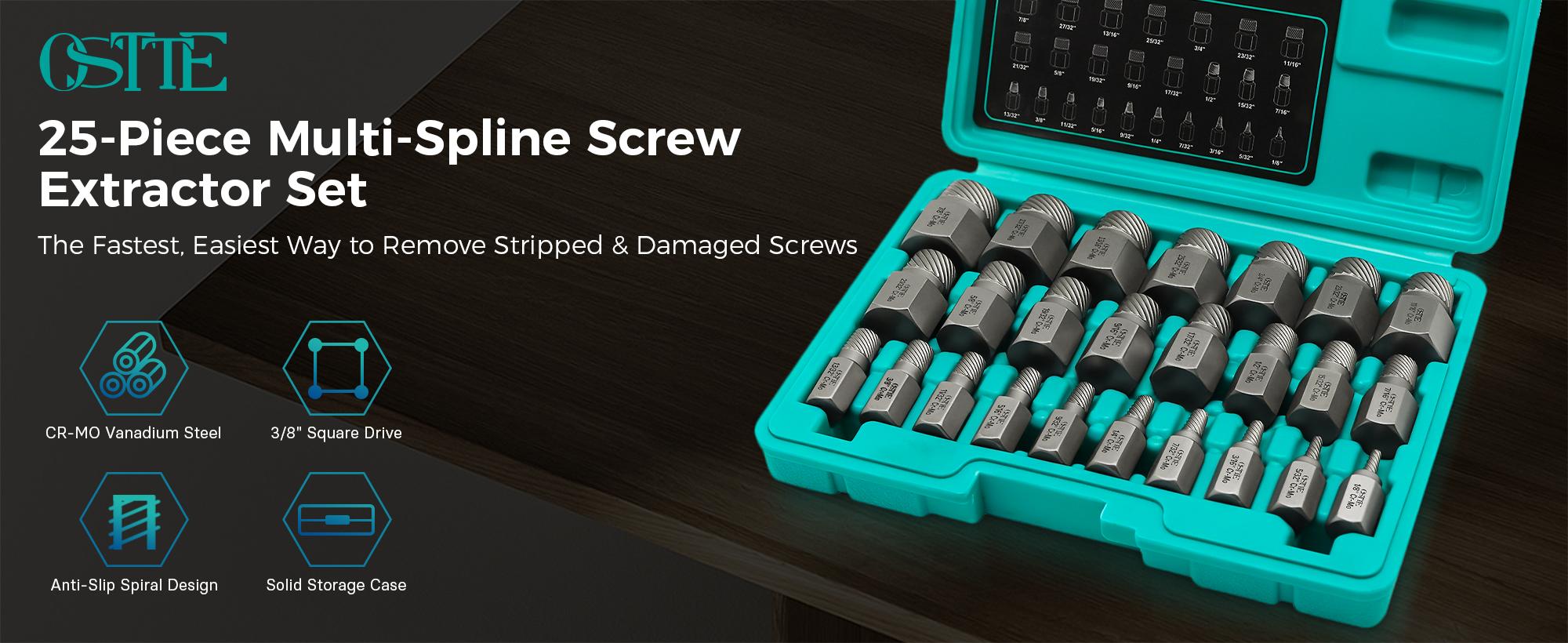 25Pcs Hex Bolt Extractor Set, Easy Out | Multi-Spline Extractor for Stripped/Broken Bolts, Cr-Mo Steel, Durable Rustproof, Essential Auto Mechanic Tool & Home DIY