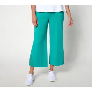 Isaac Mizrahi Live! Petite Knit Wide Leg Crop Pants w/ Crochet Trim