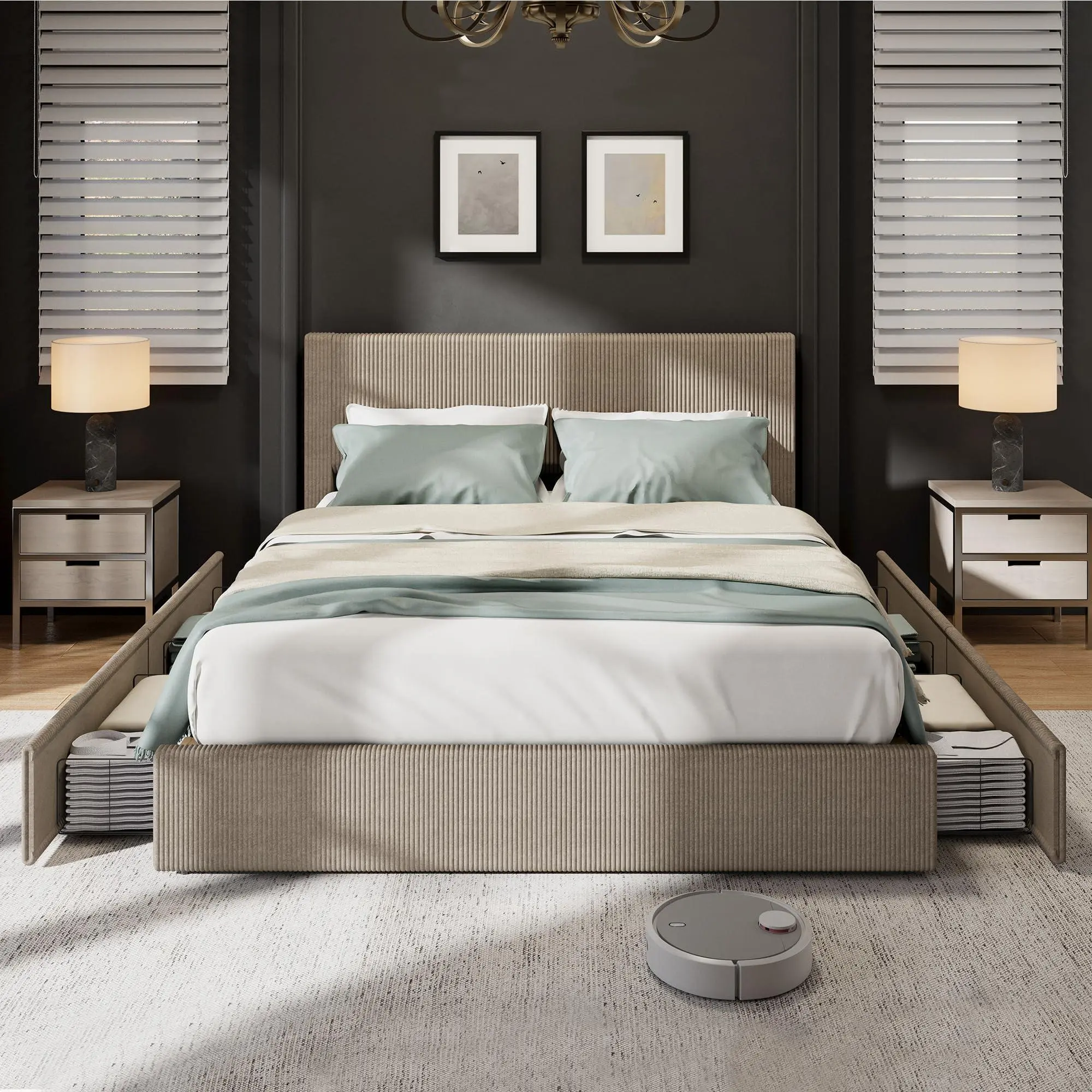 Brown Corduroy Full Bed Frame with Headboard, Platform Upholstered Bed Frame with 4 Storage Drawers and Wooden Slats Support, No Box Spring Needed