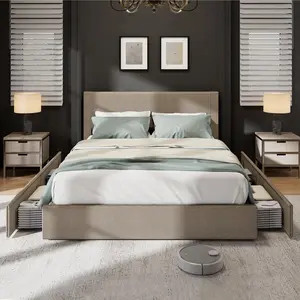 Brown Corduroy Full Bed Frame with Headboard, Platform Upholstered Bed Frame with 4 Storage Drawers and Wooden Slats Support, No Box Spring Needed