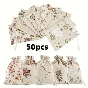 50 Pack Cotton Cloth Storage Bags with Drawstring 5.5x3.9 Inch Flower Printed Reusable Jewelry Gift Pouches for Wedding Party Favor