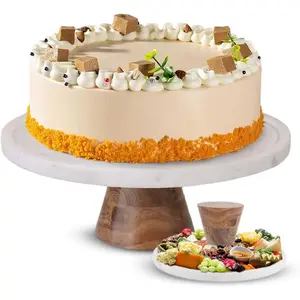 Marble & Wood Cake Stand - 11 Inch Round Cake Display for Weddings, Birthdays & Parties - Dessert Stand for Cakes, Muffins, Pastries, Bread - Décor - White Marble Top