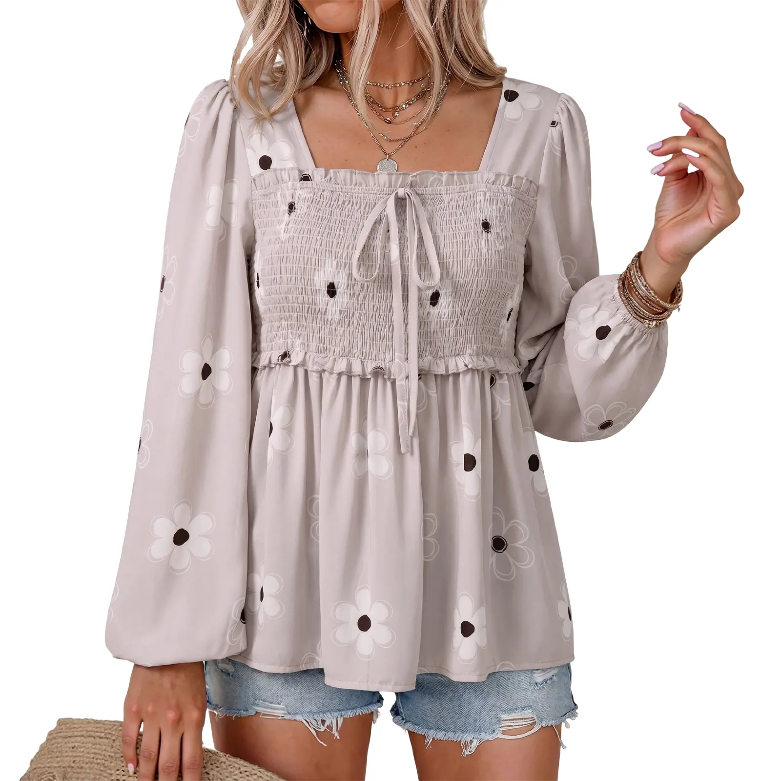 Dokotoo Womens Tops Boho Floral Long Sleeve Square Neck Smocked Ruffle Peplum Babydoll Casual Loose Blouses Shirts