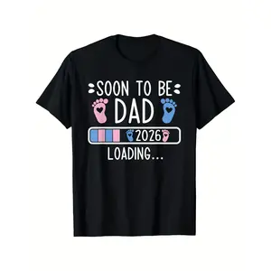 2026 Soon to Be Dad Loading Pregnancy Announcement Menswear Graphic Tees - Unisex 100% Cotton Retro Streetwear Top, Slightly Elastic Round Neck Shortsleeve Tee with Footprints & Progress Bar, All-Season Casual for Expecting Fathers