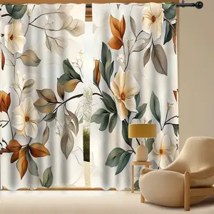 Vintage Floral Curtains, Soft Leaf Print, Polyester Light Blocking Fabric, Easy Clean, Perfect for Living Room & Bedroom Decor, Window Curtain