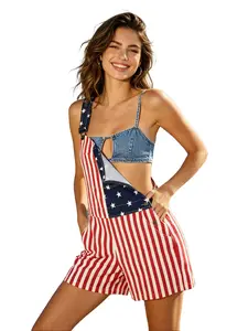 Yuanbang Women 250th Anniversary Shorts 4th of July American Flag Overalls USA Stretchy Denim Romper Memorial Day Coveralls Patriotic Gifts for Mom Workwear Summer Jumpsuits Fashion Womenswear Daily Outdoor Outfits