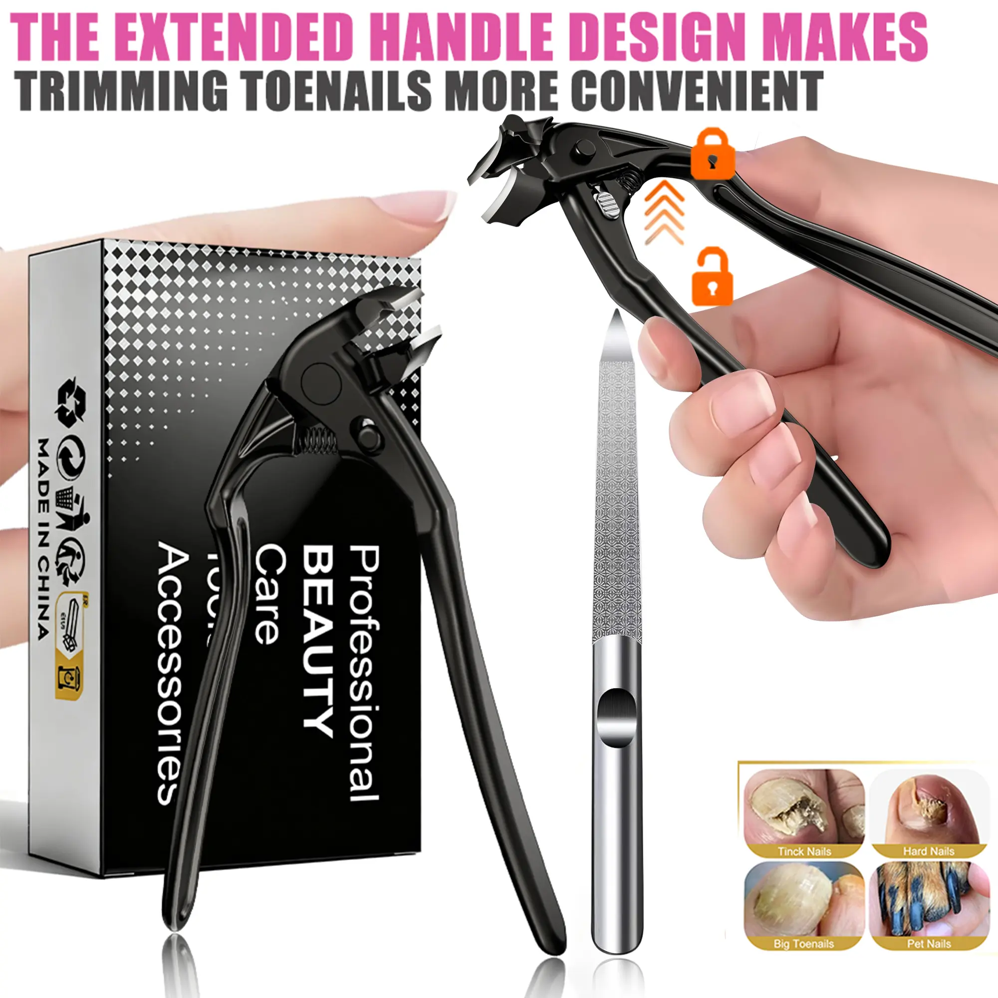 Extended Handle Nail Clippers (4.53in) - Curved Toenail Clippers - One-piece Stainless Steel Heavy-duty Nail Clippers - Suitable for the Elderly with Thick & Hard Nails, Reinforced Type - Anti-splash with Safety Lock Manicure, Nail Care
