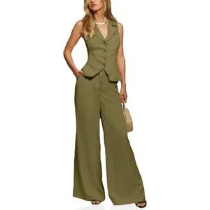Imily Bela Womens Vest Sets Summer 2 Piece Outfits Button Crop Blazer Vest and Wide Leg Pant Suits