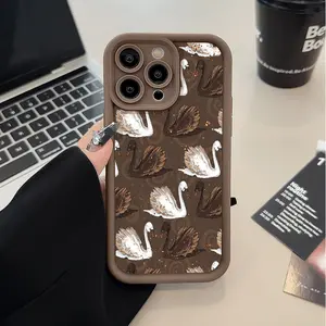 Phone Case for iPhone 15 Plus 16 Pro Max 14 13 12 11 XS XR Chocolate Swan Pattern Anti-Scratch Shockproof Soft Silicone Protective Cover