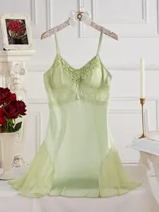 Women's Solid Color Lace Trim Cami Nightdress, Soft Comfortable Nightgown for Women, Sleepwear for All Seasons