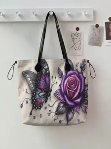 Butterfly Pattern 2D Printed Drawstring Tote Bag, Large Capacity Shopping Bag, Durable and Wear-Resistant, Ideal for Work, Shopping, Picnic
