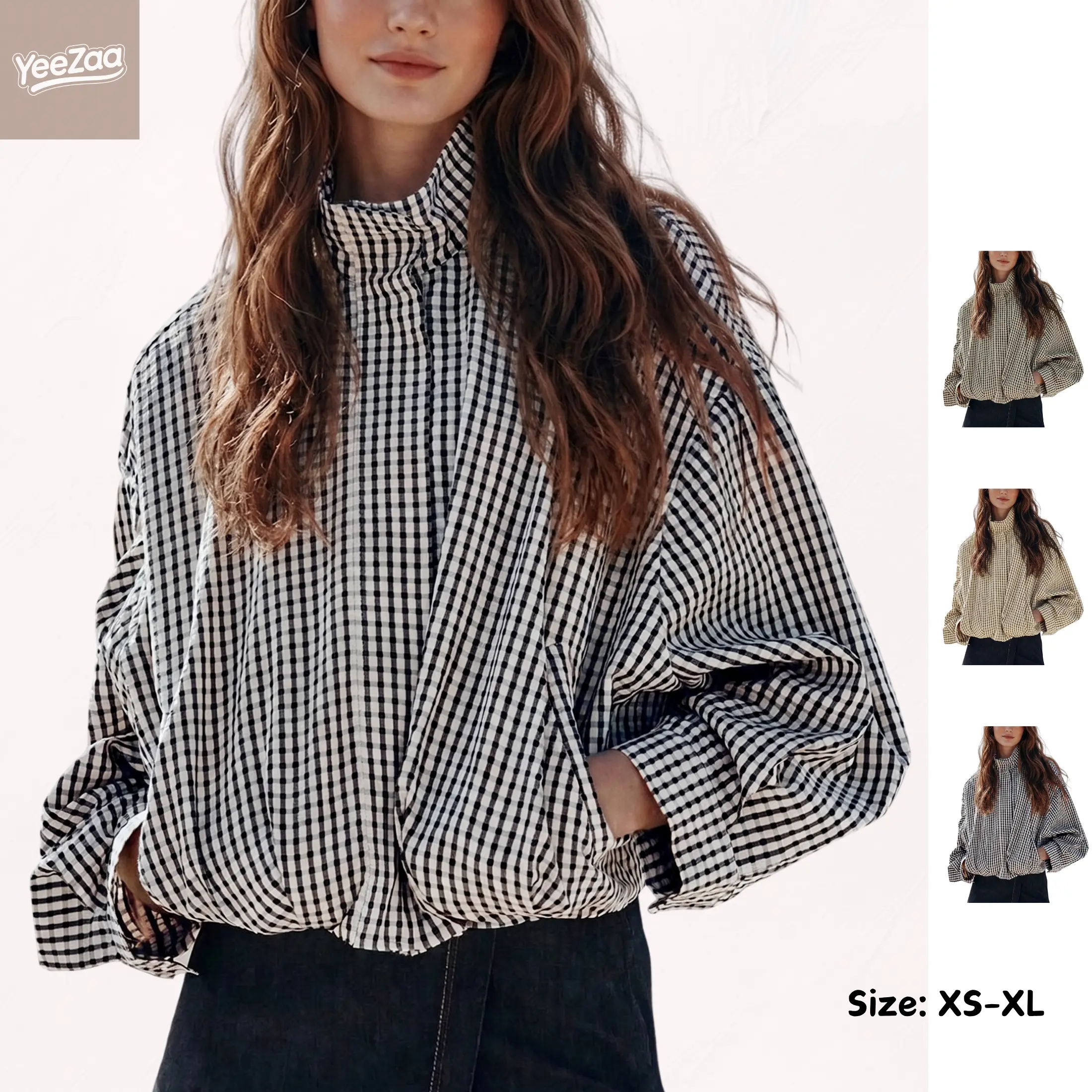 YeeZaa Women's Gingham Plaid Jacket Cropped Zip Up Stand Collar Oversized Jackets with Batwing Sleeves Loose Casual Lightweight Coats 2026 Fall Outfit with Pockets
