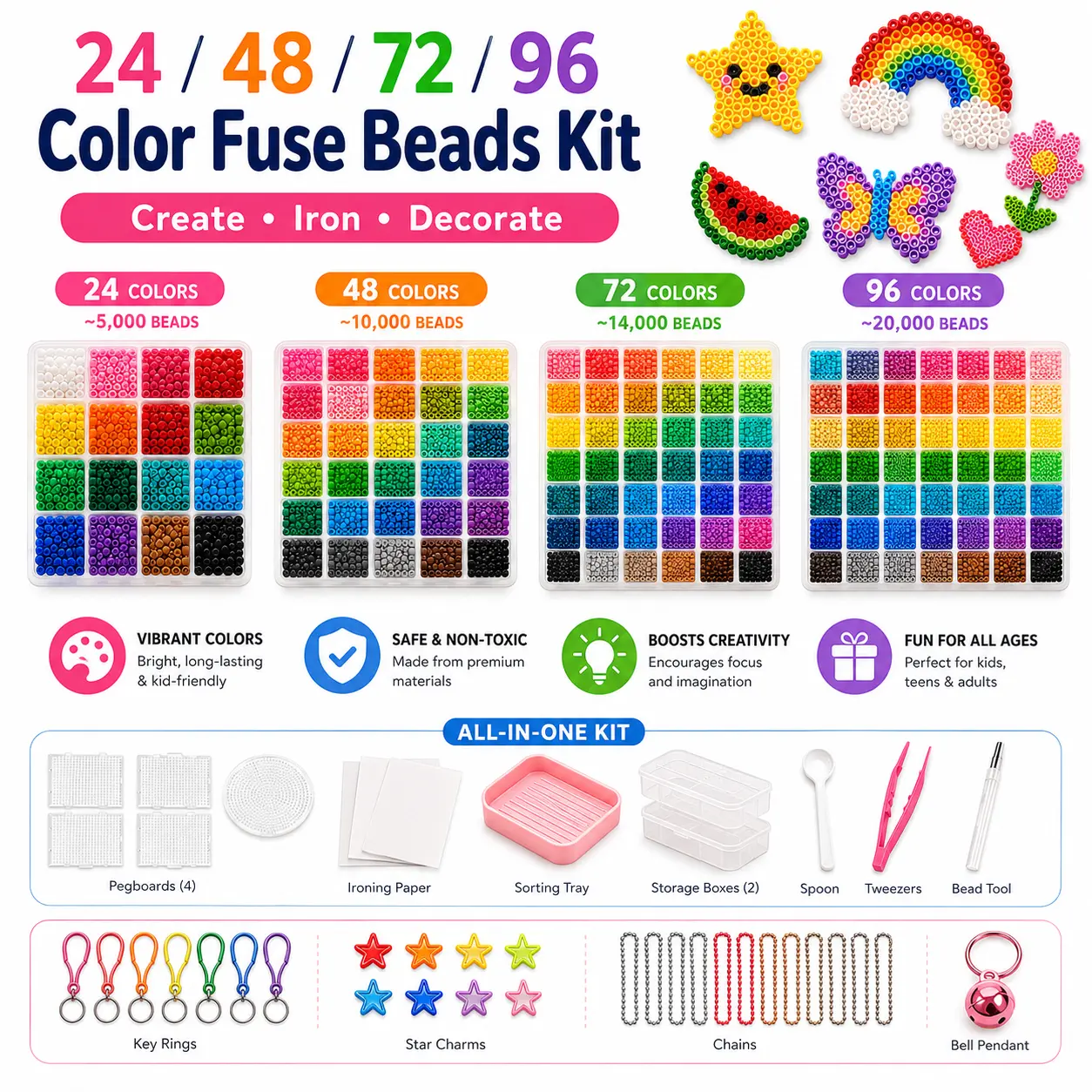 Love Pixel 2.6mm Plastic Fuse Beads Set (24/48/72/96 Colors) - 3D Pixel Puzzle DIY Craft Kit with Nail Board, Ironing Paper, Tweezers, Beading Accessories for Costume Jewelry Making
