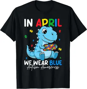 Cute Dino April We Wear Blue Autism Awareness Kids T-Shirt