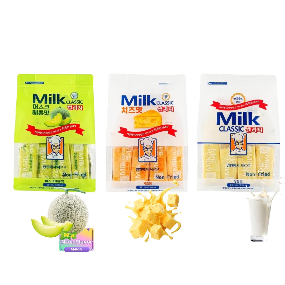 Korean MILK CLASSIC New Flavor Melon Milk Cheese 3 Flavors to Choose Rice Crackers 240g per Pack Healthy Baked Crispy Light Snack