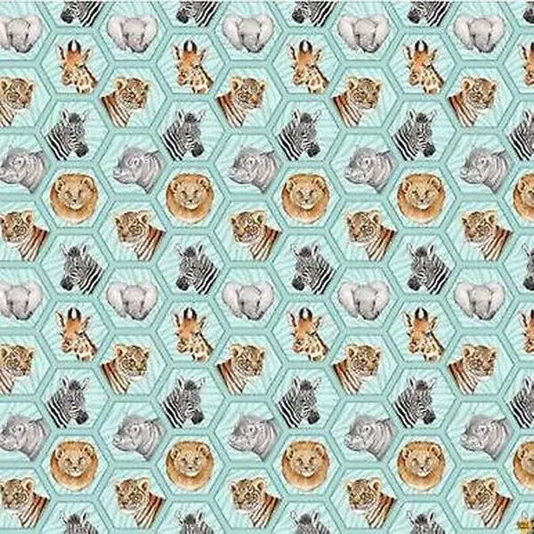Baby Safari Hexi Animals Turquoise Children's Cotton Fabric by Northcott
