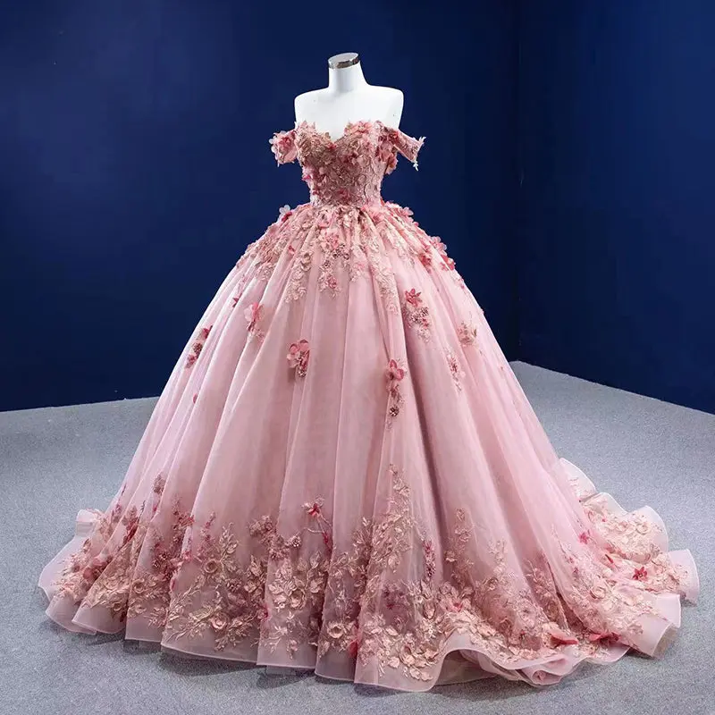 floral formal gown dress Elegant Blue Tulle A-line Off Shoulder Floral Prom Dresses, Evening Gown,  MP734