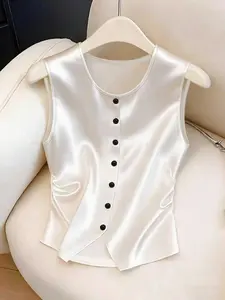 Satin sleeveless vest with round neck and black buckle, slim fit and slimming for commuting and dating, light luxury interior, high-end feel, simple women's top, Minimalist