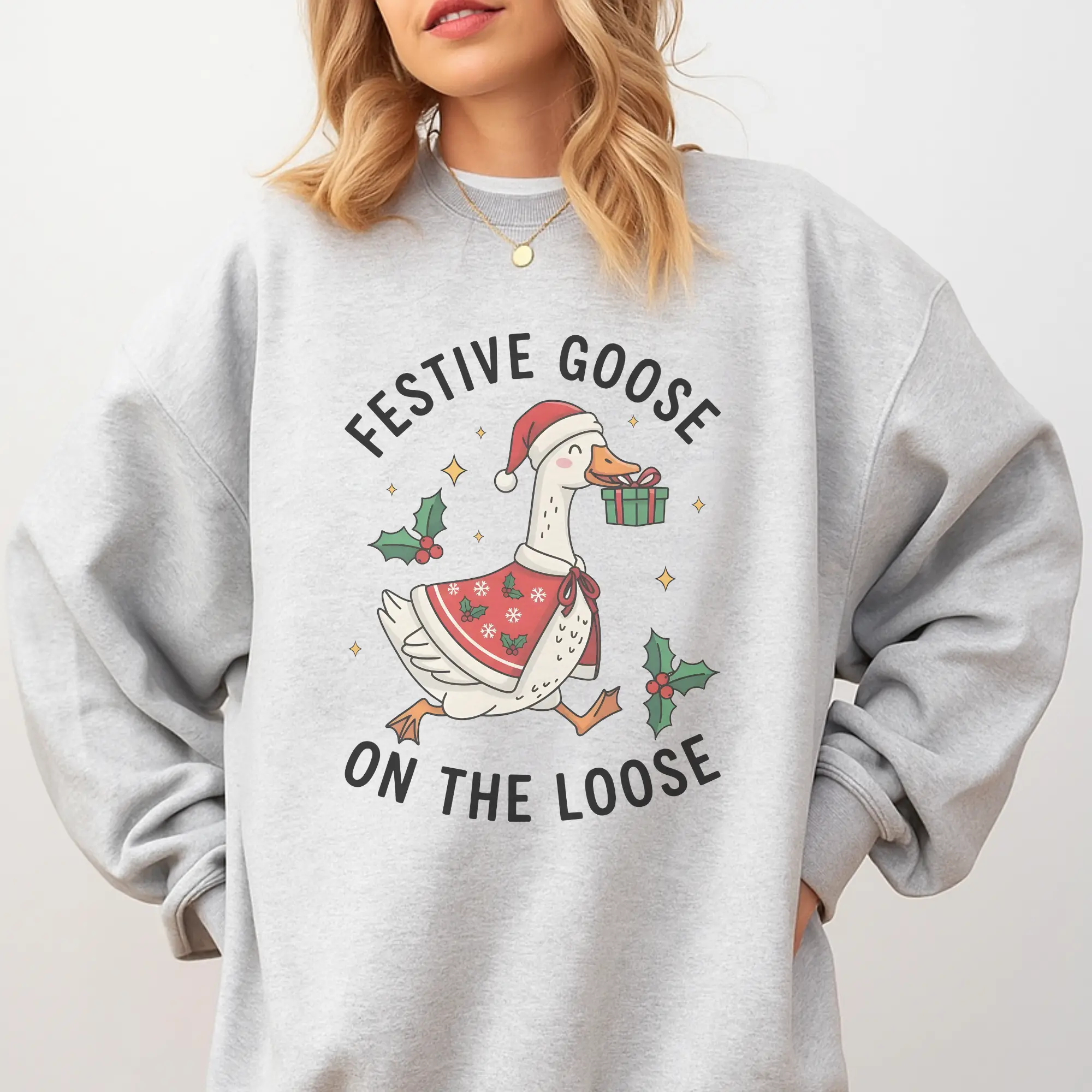 Women's Aesthetic Long Sleeve Christmas Festive Goose On The Loose Hoodie - Ash Grey, Premium Fabric, Flattering Fit