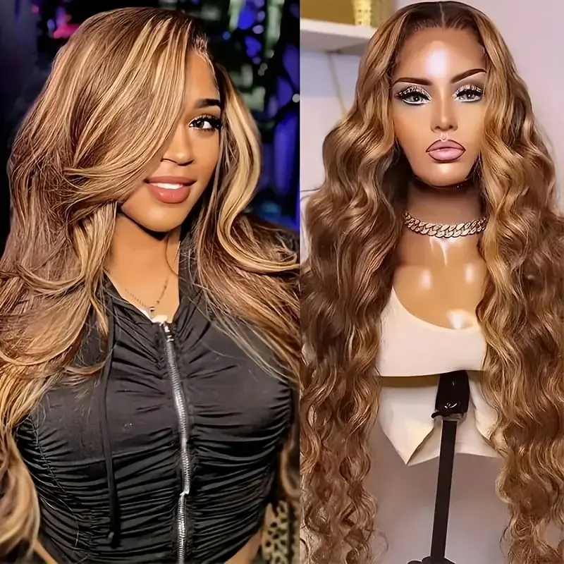 3x1 Honey Brown Lace Front Wig Loose Wave Wigs With Synthetic Heat Resistant Fiber Hair Dark Roots Brown Wig Glue Less Lace Wigs Colorful Wig For Women Daily Party Use 26 Lnch