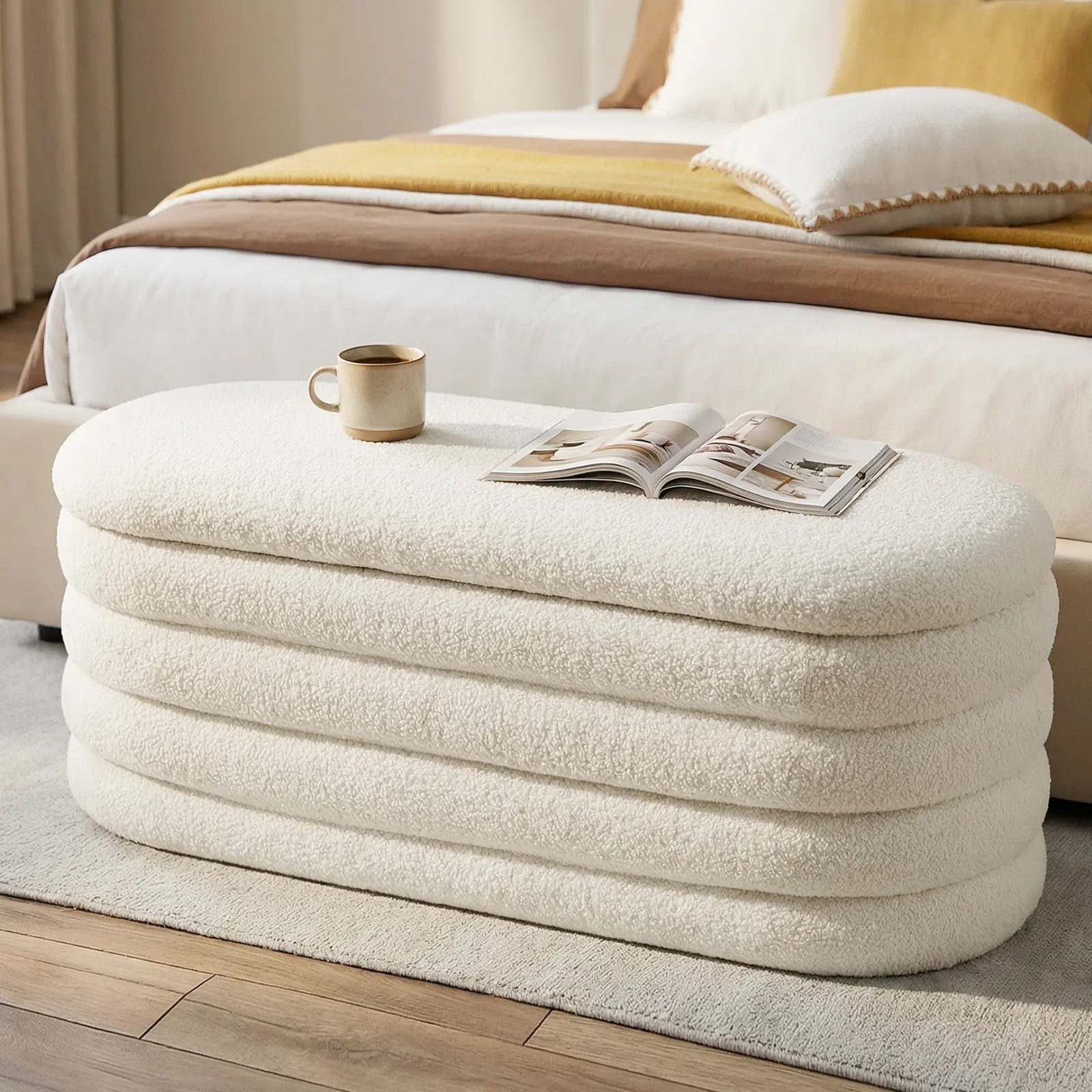 Furnimart Teddy Velvet Upholstered Storage Bed Bench, Soft Padded Cushioned Long Footrest Ottoman, Stylish Bed End Side Stool for Bedroom & Living Room Home Decor