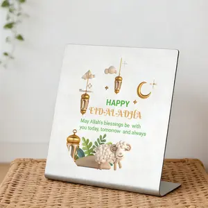 Eid Al-Adha Decor Tabletop Sign, Happy Eid Mubarak Islamic Decoration with Lantern & Sheep, Muslim Holiday Gift for Home Office