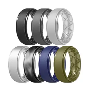 Inner Arc Ergonomic Breathable Design Silicone Rings for Men with Half Sizes, Rubber Wedding Bands - Set of 7 Rings