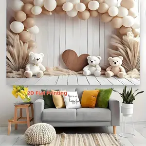2D Flat 1PC Polyester Boho Teddy Bear Heart Balloon Backdrop Banner, Neutral Beige Pampas Wood Wall Photography Background, Indoor Outdoor Use, Ideal For Baby Shower, Newborn Baptism, Kids 1st Birthday Party, Gender Reveal, Infant Photoshoot