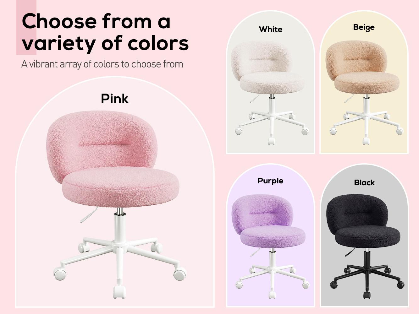 Homkdom  Small Round Vanity Chair with Wheels, Armless Home Office Desk Chairs with Back, Height Adjustable & 360° Swivel, Cute Comfy Vanity Computer Chair for Bedroom, Home Office, White