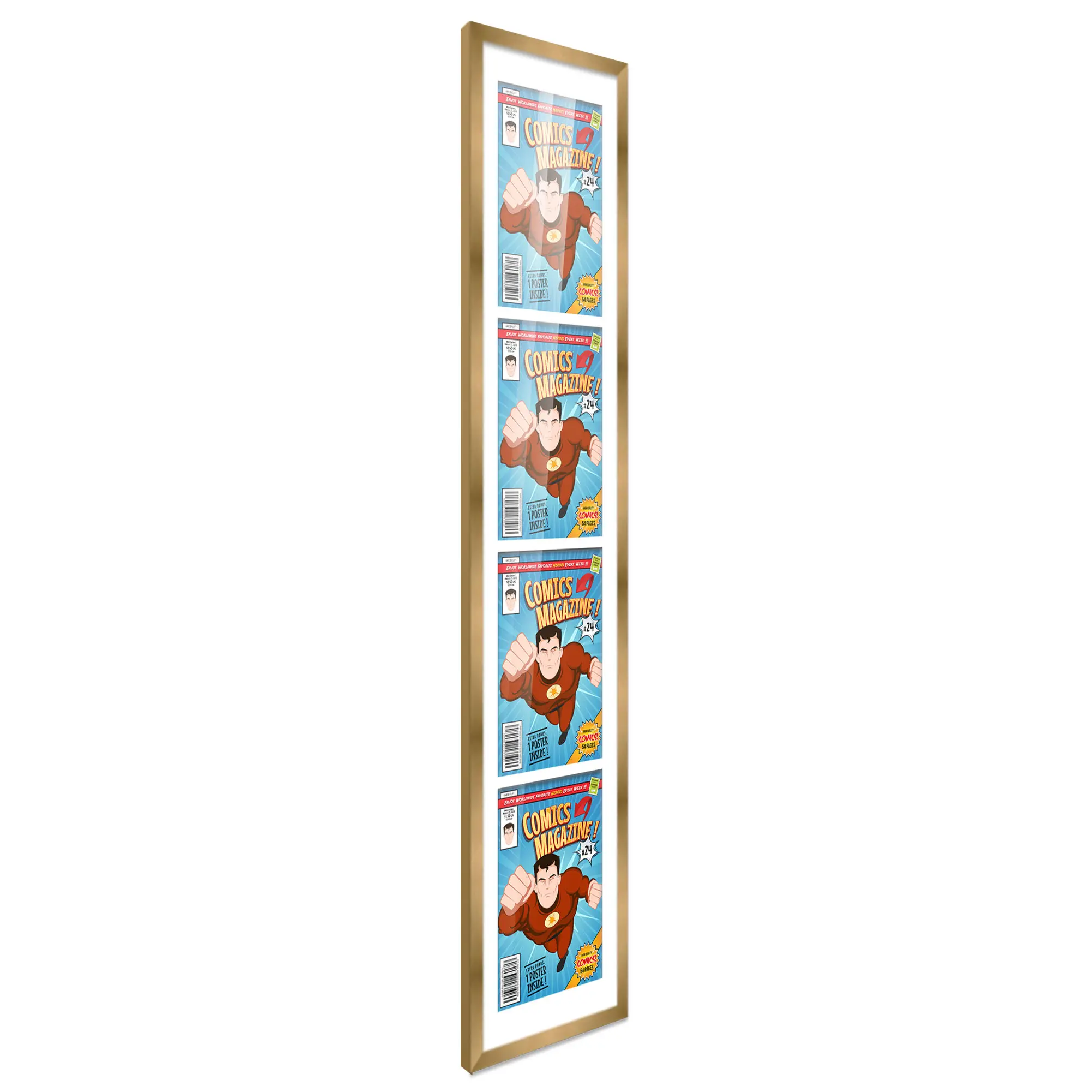 Comic Book Frame with Mat for 4 Silver Age Comics Published Between 1956 and 1970 - Bronze Wood Comic Frame With White Mat for 7.125x10.5 Comics - 11.25x47 Frame Size