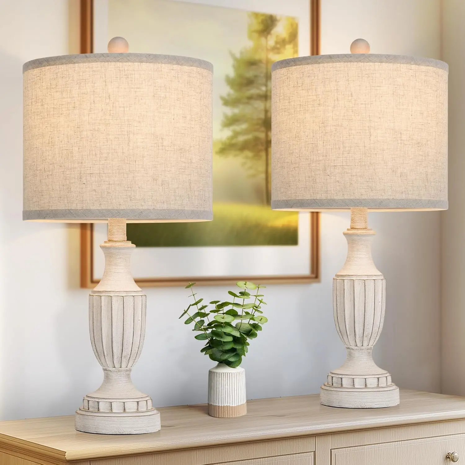 MATULSA  Farmhouse Living Room Table Lamps Set of 2, Rustic Vintage Table Lamps for Bedroom Nightstand, Antique Bedside Desk Lamps with Linen Shade, 22’’ Traditional Resin Lamp Sets for Mother's Day