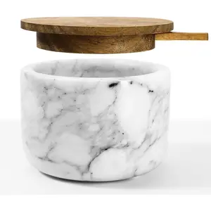 Salt and Pepper Bowl Marble Salt Cellar and Spices Storage Container With Built-in Spoon and Acacia Wood Lid - 6.5oz Capacity (White)