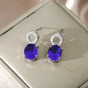 Oval Blue Crystal Drop Earrings | Sparkly CZ Circle Silver Tone | Viral Simulated Sapphire Statement Earrings | High-End Oval Blue Gem Earrings | Delicate Silver Post for Comfort Wear