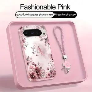 Rose Floral Art 26 letter Phone Case, Suitable for [Google Pixel 9 Pro] high-end women's, Lanyard a beautiful four-leaf clover lanyard is included🍀 952