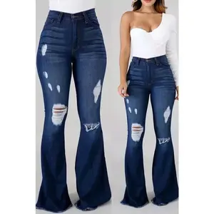 Women's Retro Bell-bottom Pants High Waist Ripped Wide Leg High Waist Jeans Net Red High Elastic Ripped Jeans High Waist Bell bottom Pants