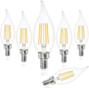 Hansang E12 Candelabra Base Dimmable LED Bulbs, 60W Equivalent, 4000K Daylight, 550Lumen Flame Tip Vintage Filament Clear Glass Chandelier Bulbs, Pack of 6