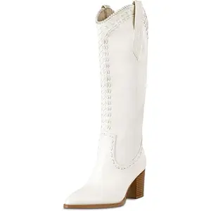 Embroidered Cowboy Boots for Women Classic Stacked Heel Cowgirl Boots Snip Toe Mid Calf Western Boots