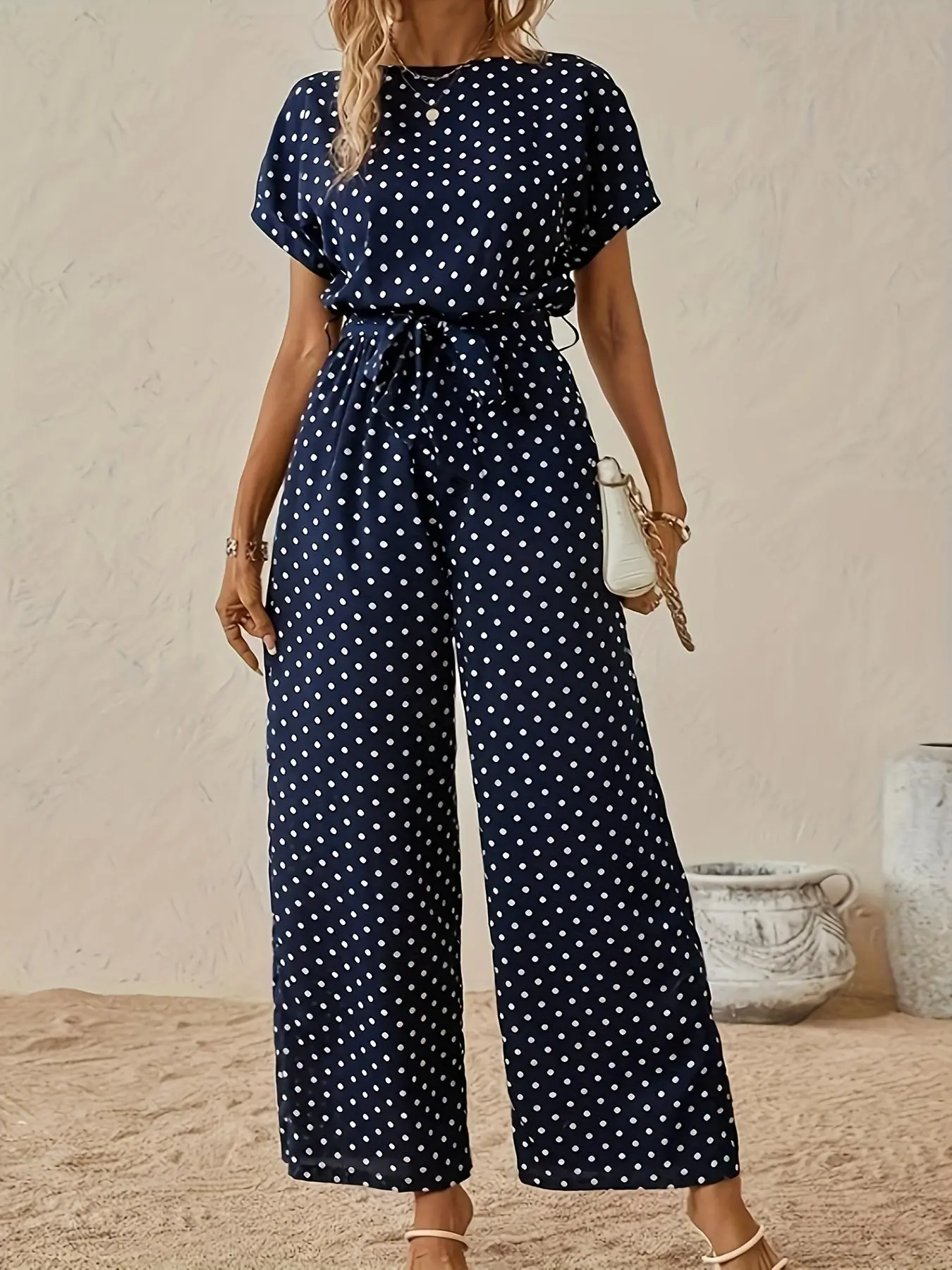 Women's Polka Dot Print Belted Wide Leg Jumpsuit, Elegant Short Sleeve Round Neck Jumpsuit with Belt for Vacation Holiday Daily Wear, Ladies Clothes for All Seasons