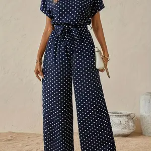 Women's Polka Dot Print Belted Wide Leg Jumpsuit, Elegant Short Sleeve Round Neck Jumpsuit for Vacation Holiday Daily Wear, Ladies Clothes for All Seasons