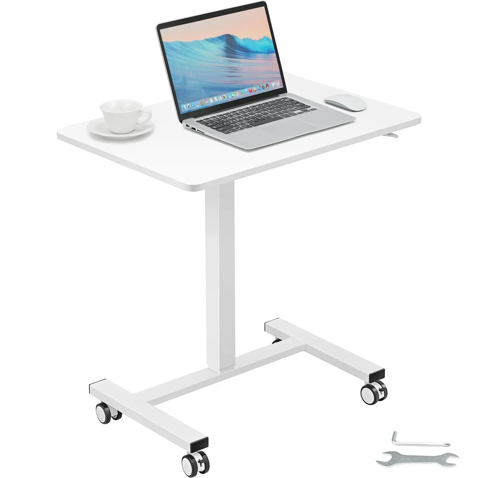 【SummerFinds】VEVOR Mobile Height Adjustable Standing Desk, 27.1"x18.9" Particle Board Practical Desktop Stand, 28"-44" Pneumatic Gas Spring, 4x360° Swivel Wheels (2 Lockable), 40LBS Load Portable Rolling Home Office Desk for Medical Settings, Home Office