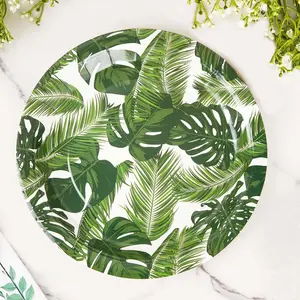 25-Pack Paper 9" Round Dinner Plates in White with Tropical Palm Leaf Design - Disposable 300GSM Party Plates for Luau & Summer Gatherings