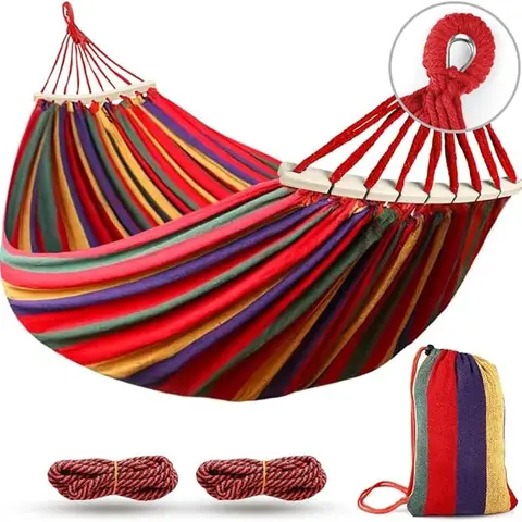 Stripe Pattern Durable Hammock - Soft Cotton Skin-Friendly Breathable Canvas, Compact Fold, 500 lbs Capacity, Quick Setup, Portable Travel Accessory, Versatile Indoor/Outdoor Use, Drawstring Carrying Bag Included, Ideal for Relaxation, Stripe Pattern Hamm