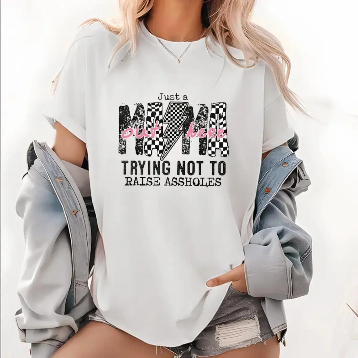 Humorous Womens T Shirt Featuring Just a Mama Out Here Doing My Best in a Playful Edgy Style