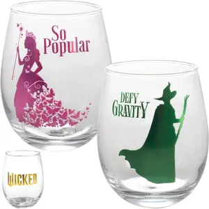 Wicked Stemless Wine Glasses Set of 2, 18oz - Officially Licensed - Broadway Theater Gift for Fans of the Musical Play & Movie - Glinda Popular & Elphaba Defy Gravity Designs - For Adults, Women, Men