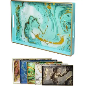 Turquoise Marbling Decorative Tray with Handles, Morden Plastic Rectangular Serving Tray for Coffee Table Bathroom, Ottoman, Home Decor, 15.7"* 10.2"* 1.38"