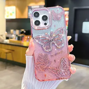 Luxury Pink Bling Diamond Fashion Butterfly + Glitter Paper Phone case for iPhone16 15 14 13 12 11 Pro Max Plus, Plating Cellphone Casing Protector Shockproof Drop Dust proof