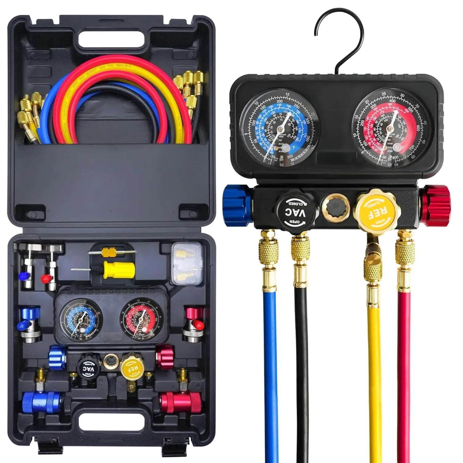 R1234yf AC Gauge Set, 4 Way AC Manifold Gauge Set for R1234yf R134a R404a Refrigerant, 4 Valve Manifold Gauge Set with 5FT Hoses,Anti- Dials Provide  Accurate Reading