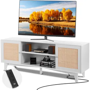 VEVOR Rattan TV Stand for 75in TV,  Boho TV Stand with Rattan Door, Entertainment Center with Build-in Socket, Storage Cabinet with 2 Shelves, Modern TV Console for Living Room, Media Room, White