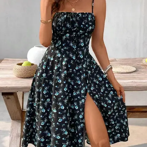 Women's Boho Ditsy Floral Midi Dress, Sleeveless A-Line Split Dress, Summer Beach Vacation Dress, Casual Fashion Dress, Bohemian