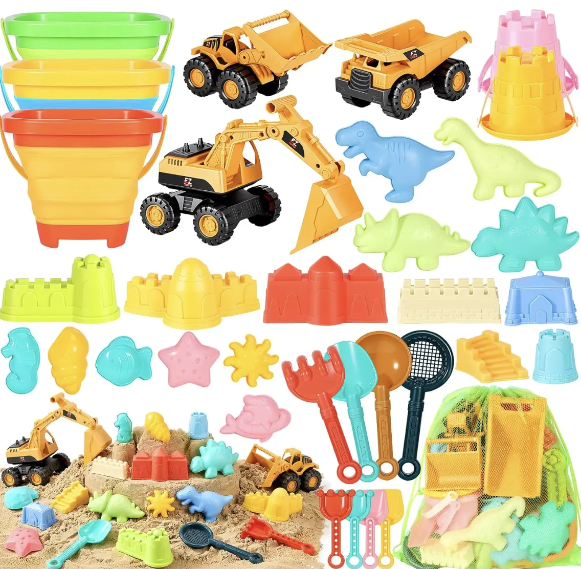 35-Pack Beach Toys for Kids Sand Toys with 3 Collapsible Bucket - 3 Dump Truck Beach Shovel Sand Castle Building Kit Ocean Molds Dinosaur Sand Molds & 2 Mesh Bag, Toddler Beach Essentials for Kids 3-10